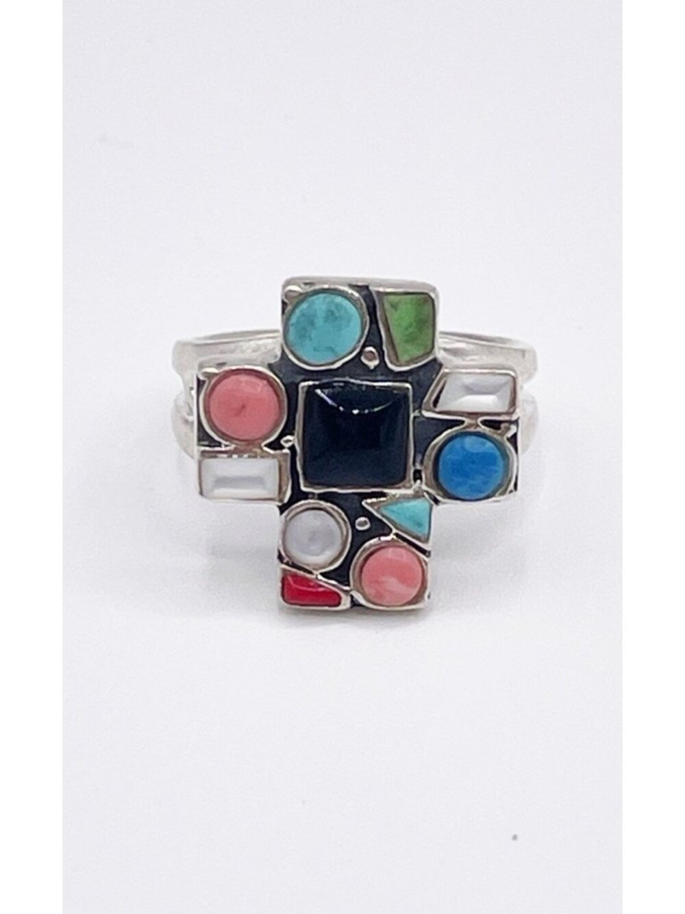 Vintage 925 Sterling Silver Multi Stone Cross Ring Turquoise Lapis Onyx SZ 7.75